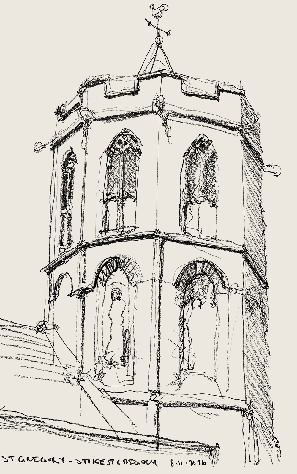 Pencil sketch of the octagonal bell tower of St. Gregory, Stoke St Gregory